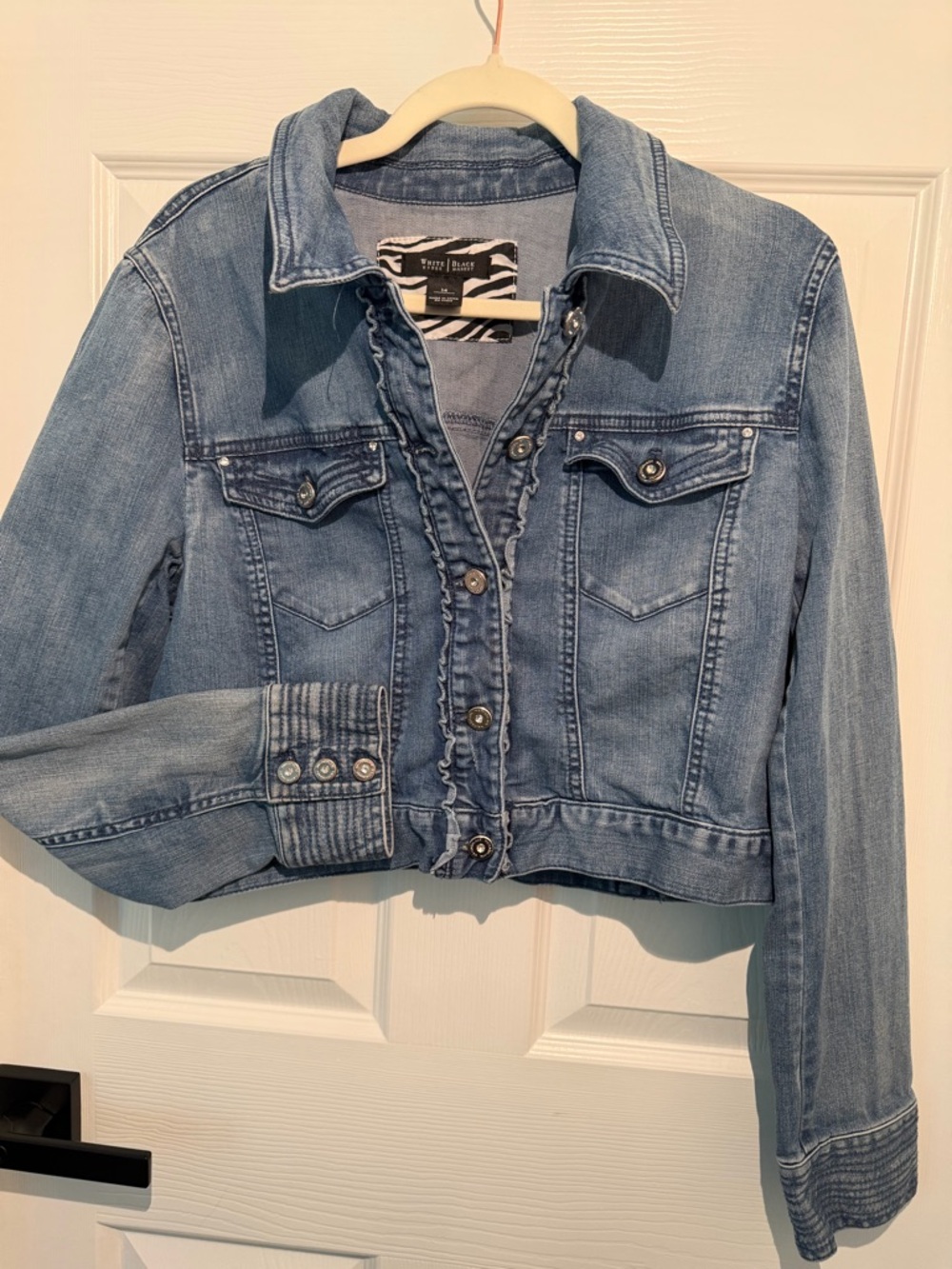 White House Black Market Light Blue Denim Ruffle-Trim Jacket